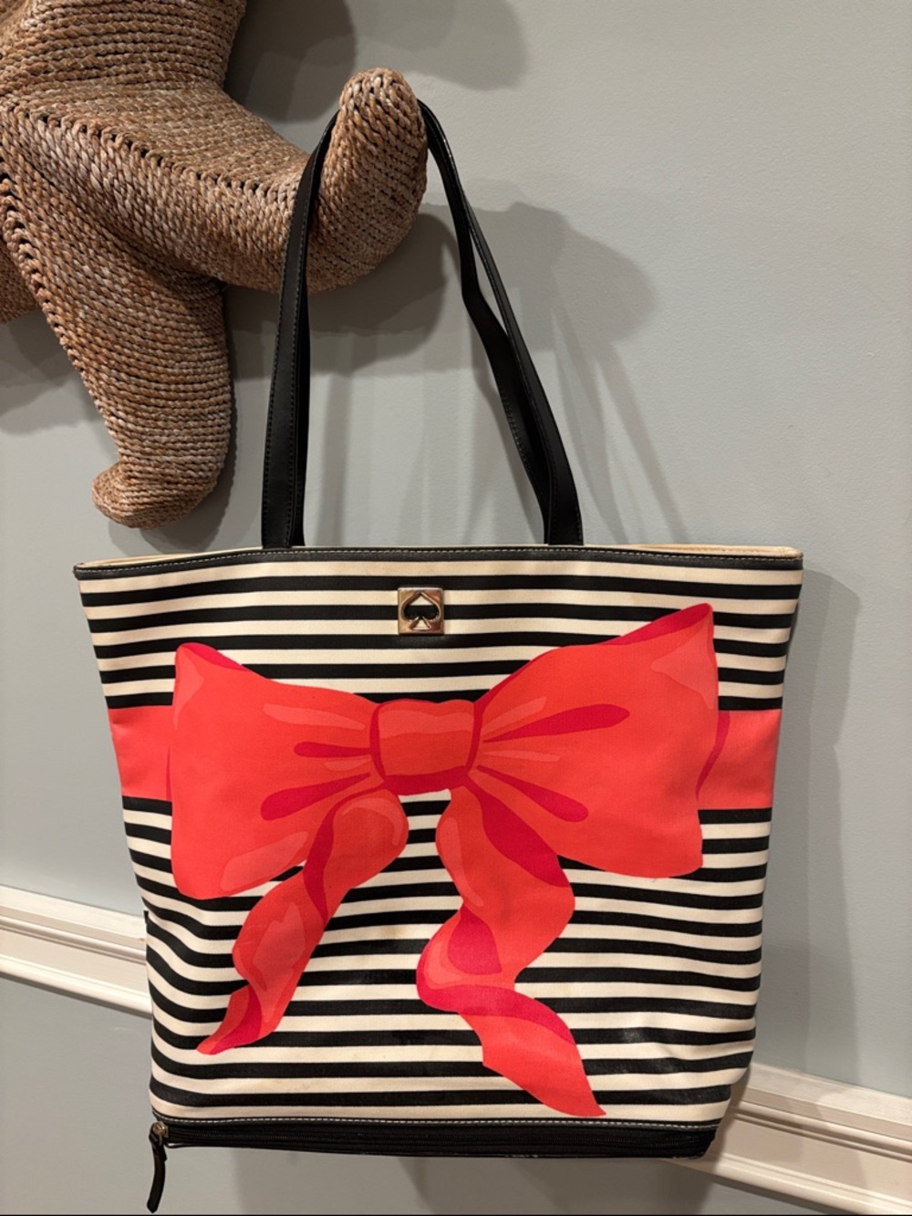 Kate Spade Striped Tote Bag with Pink Bow Beach Bag